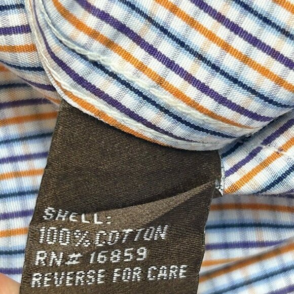 J.McLaughlin Shirt Mens Large Slim Fit Button Up Plaid Blue Orange 100% Cotton - Picture 7 of 13